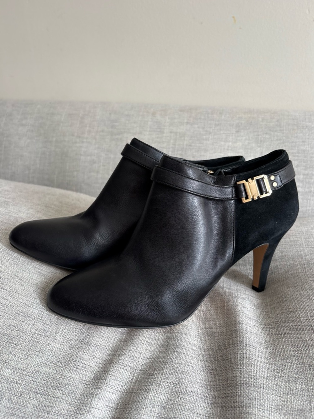 Vince Camuto Black Leather & Suede Ankle Booties with Gold Buckle